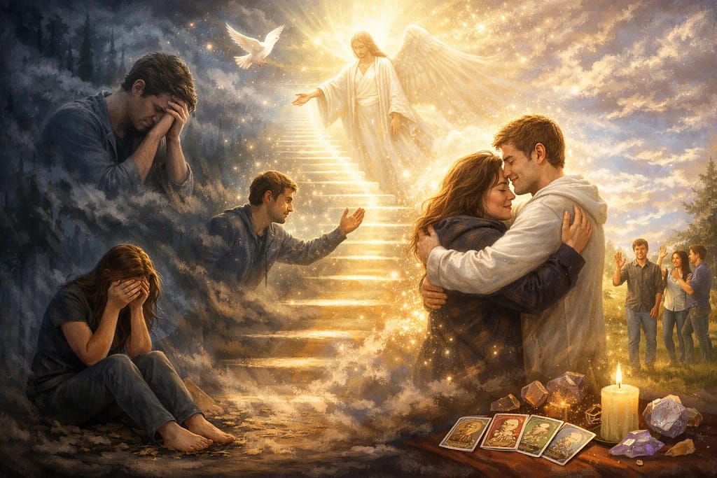 Mensagem espiritual de arrependimento e luz mostrando espírito sendo amparado por anjo e reencontro entre mãe e filho na vida após a morte
